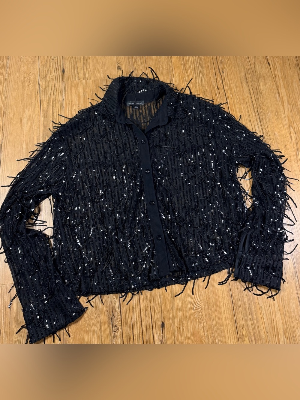 Moa Moa Black Sequin Fringe Sheer Mesh Cropped Button Down Blouse Womens S